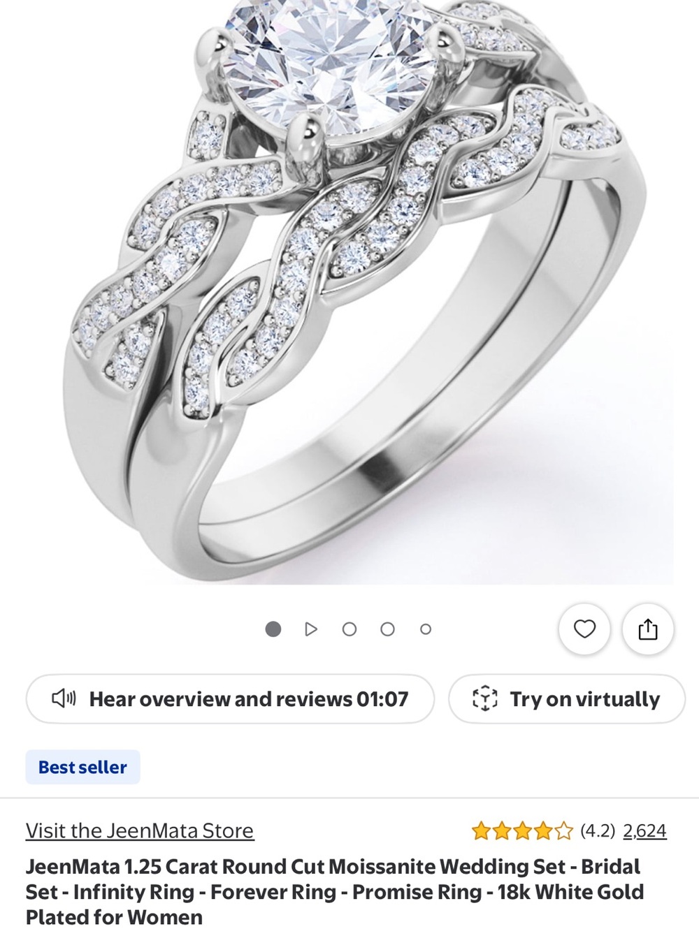 1.25 Ct Round Moissanite Infinity Bridal Ring Set - White Gold Plated